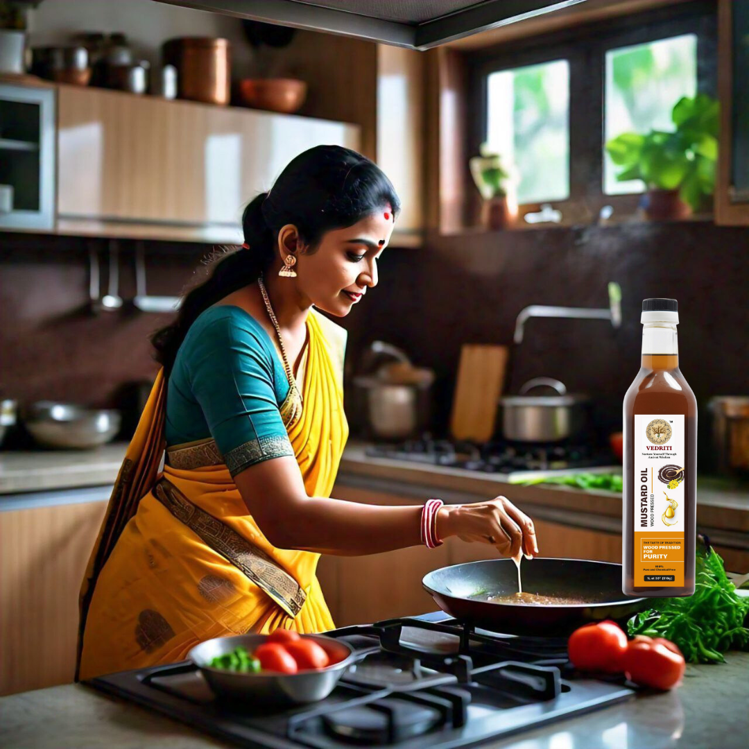 A heart-shaped wooden bowl filled with mustard oil, symbolizing heart health.