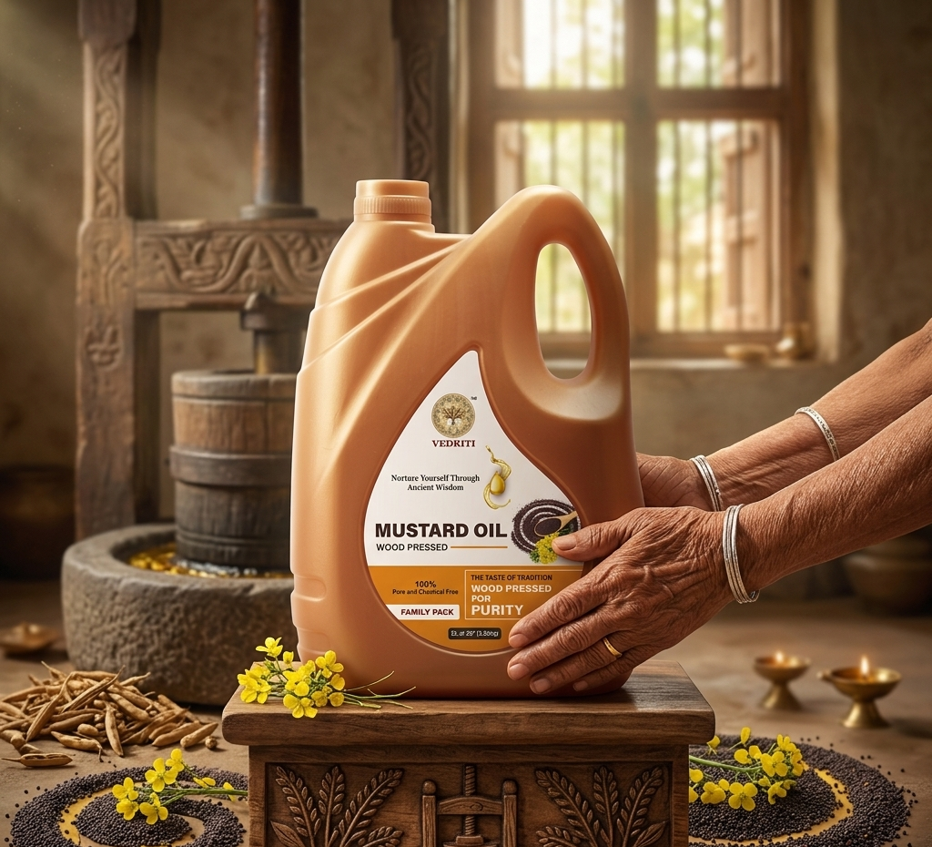 Vedriti Wood Pressed Mustard Oil Family Pack (5L / 4.55kg Can) – 100% Pure & Chemical-Free Kachi Ghani Cold Pressed Oil