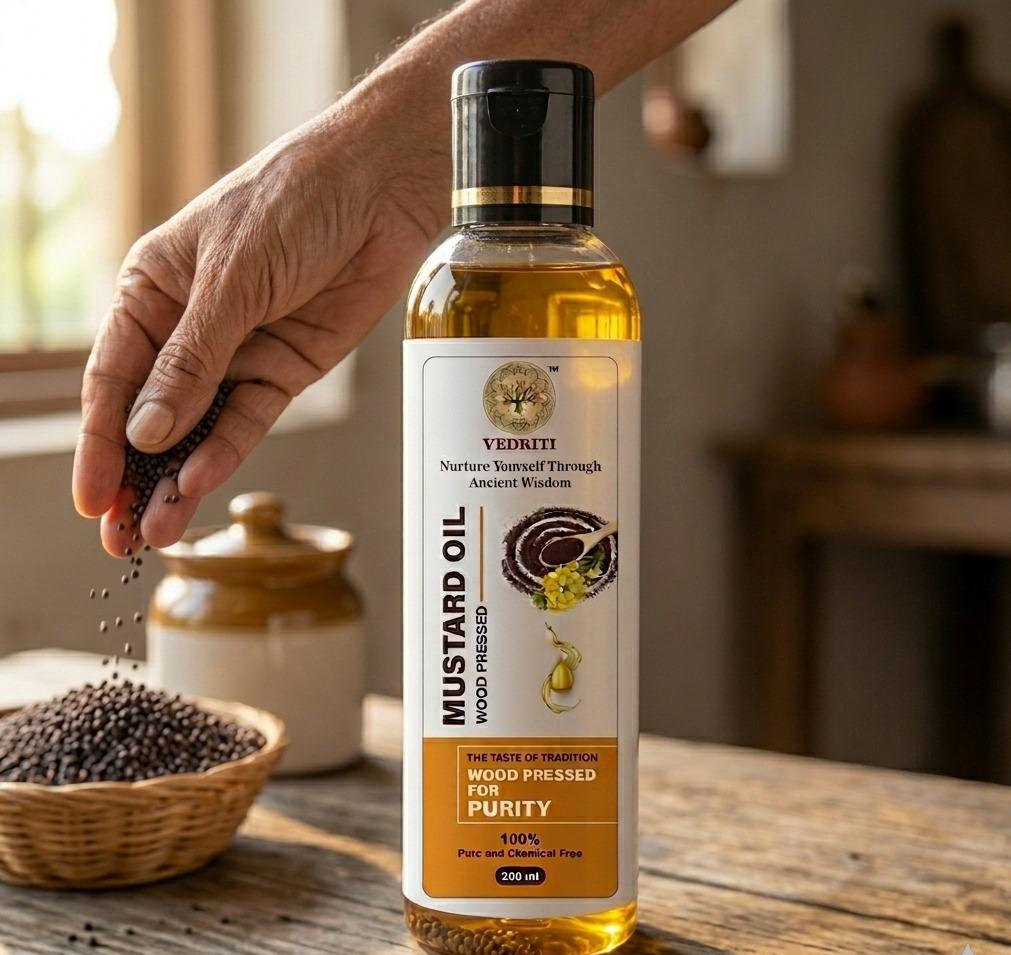 Vedriti Wood Pressed Mustard Oil (200 ml) – 100% Pure, Cold Pressed Kachi Ghani Oil for Daily Cooking & Wellness