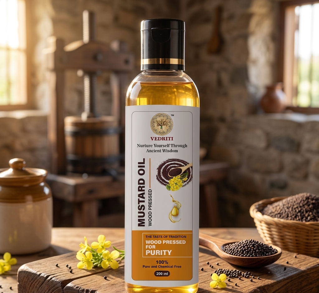 Vedriti Wood Pressed Mustard Oil (200 ml) – 100% Pure, Cold Pressed Kachi Ghani Oil for Daily Cooking & Wellness