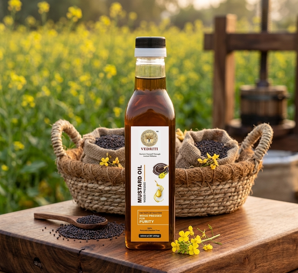 Vedriti Wood Pressed Mustard Oil (500 ml) – 100% Pure & Cold Pressed Kachi Ghani Oil for Healthy Cooking