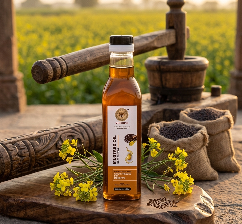Vedriti Wood Pressed Mustard Oil (500 ml) – 100% Pure & Cold Pressed Kachi Ghani Oil for Healthy Cooking