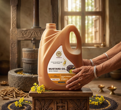 Vedriti Wood Pressed Mustard Oil Family Pack (5L / 4.55kg Can) – 100% Pure & Chemical-Free Kachi Ghani Cold Pressed Oil